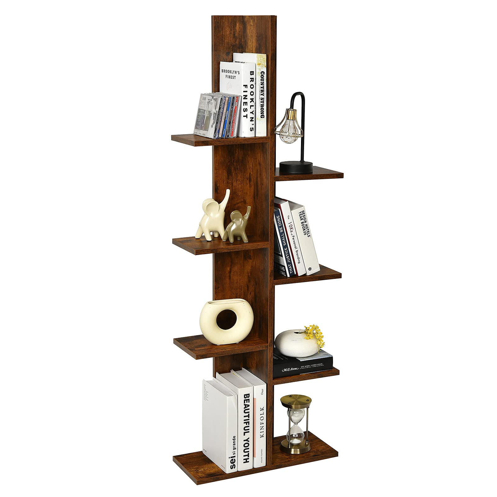 Tangkula Étagère à 8 niveaux, Bibliothèque en bois à 8 étagères, Séparateur de pièce en forme d'arbre